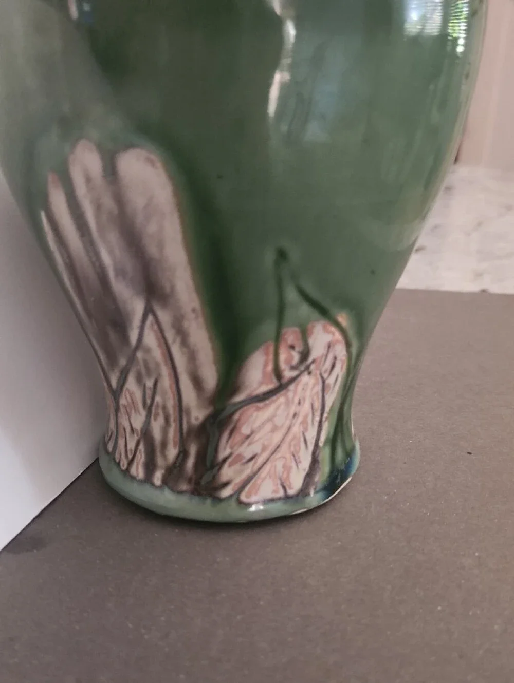 Green Ceramic Vase with Floral Relief